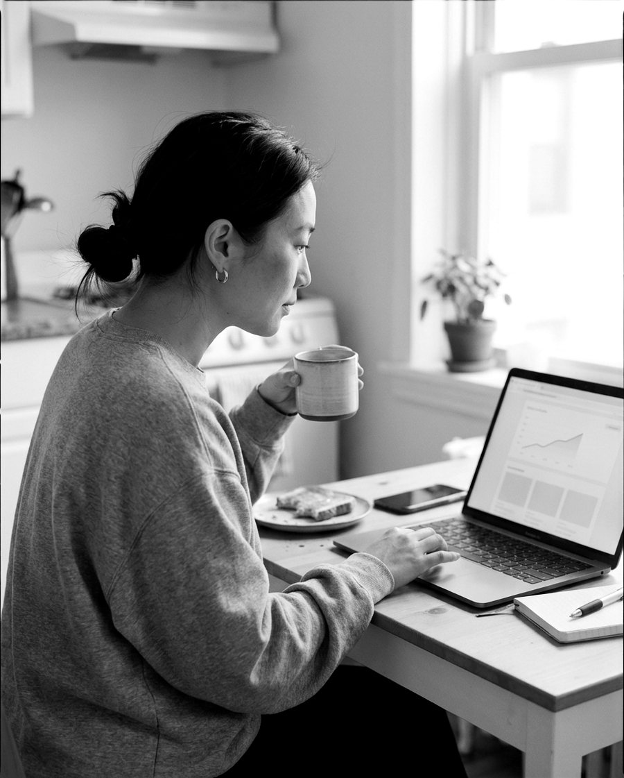 Mujer en la mesa de su cocina revisando una gráfica de ahorros en una laptop